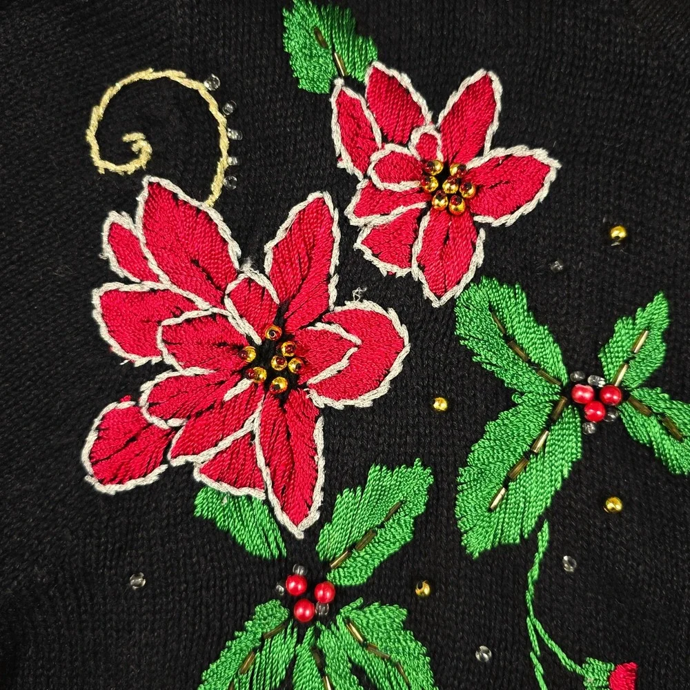Vintage Reference Point Christmas Poinsettia Beaded Embroidered Cardigan Sweater